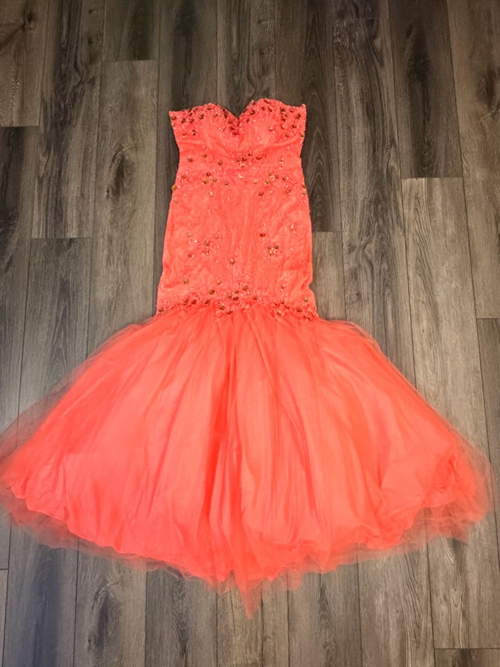 Anny Lee Coral Lace Mermaid Prom Dress Beaded Formal Gown Small Pageant Event - Picture 10 of 16